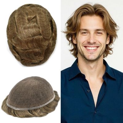 Toupee For Men Hair Replacement System Full Lace Mens Toupee Hairpieces For Men Human Hair System Bleached Knots Natural Hairline Man Hair Patch Units 8"x10" #17R Brown/Blonde Mix Warm Tone