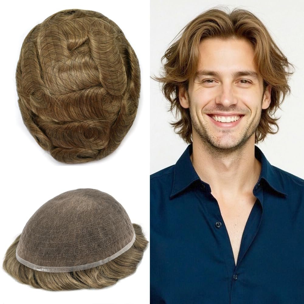 Toupee For Men Hair Replacement System Full Lace Mens Toupee Hairpieces For Men Human Hair System Bleached Knots Natural Hairline Man Hair Patch Units 8"x10" #17R Brown/Blonde Mix Warm Tone