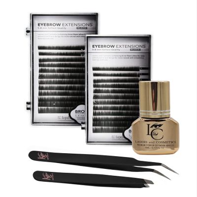KC Republic Lash Eyebrow Extensions Kit with 2 Trays of Mink False Eyebrows in Black Color, Comes on Mixed Length 5-8 mm Mix, Eyebrow Glue Clear & Dual Pack (Straight & Curved Tip) Extension Tweezers
