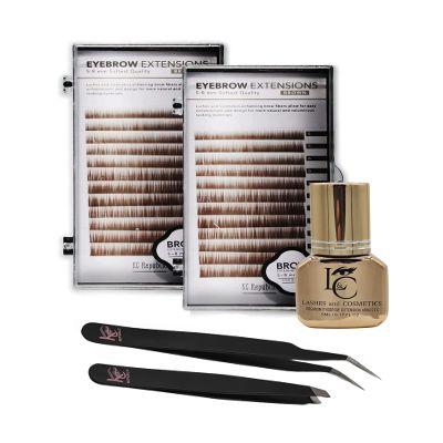 Eyebrow Extension Premium Kit with 2 Tray of Mink Eyebrows in Brown, Comes on Mixed Length Trays 5-8 mm Mix, Eyebrow Premium Glue Clear & Dual Pack (Straight & Curved Tip) Extension Tweezers