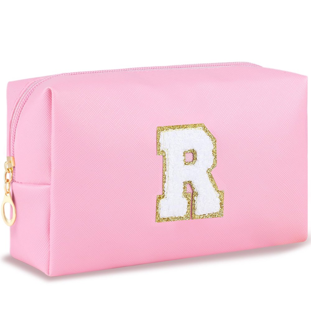 URSKYTOUS Initial Makeup Bag for Women Travel Small Cosmetic Bag Personalized Preppy Chenille Letter Waterproof Pink Makeup Pouch for Purse Monogram Toiletry Bag with Zipper PU Leather Makeup CaseR