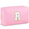 URSKYTOUS Initial Makeup Bag for Women Travel Small Cosmetic Bag Personalized Preppy Chenille Letter Waterproof Pink Makeup Pouch for Purse Monogram Toiletry Bag with Zipper PU Leather Makeup CaseR view 1