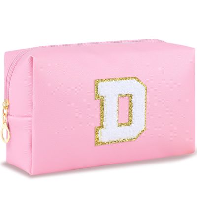 URSKYTOUS Initial Makeup Bag Personalized Preppy Travel Small PU Cosmetic Bag Pink Makeup Pouch Zipper Toiletry Organizer for Women Girls Mom Friend Bridesmaid Teacher Sister Prom Christmas GiftD