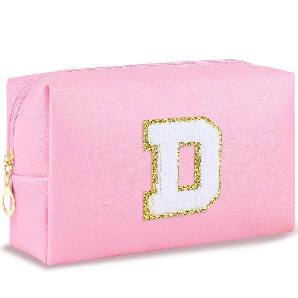 URSKYTOUS Initial Makeup Bag Personalized Preppy Travel Small PU Cosmetic Bag Pink Makeup Pouch Zipper Toiletry Organizer for Women Girls Mom Friend Bridesmaid Teacher Sister Prom Christmas GiftD