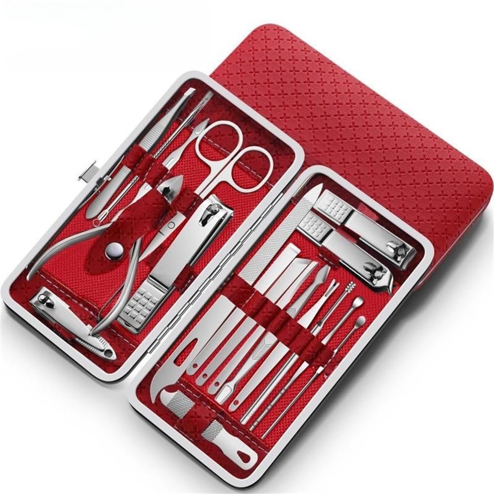 19 In1 Stainless Steel Manicure Set Nail Clipper Kit of Pedicure Tools Ingrown Nail Trimmer Sets Kits,red