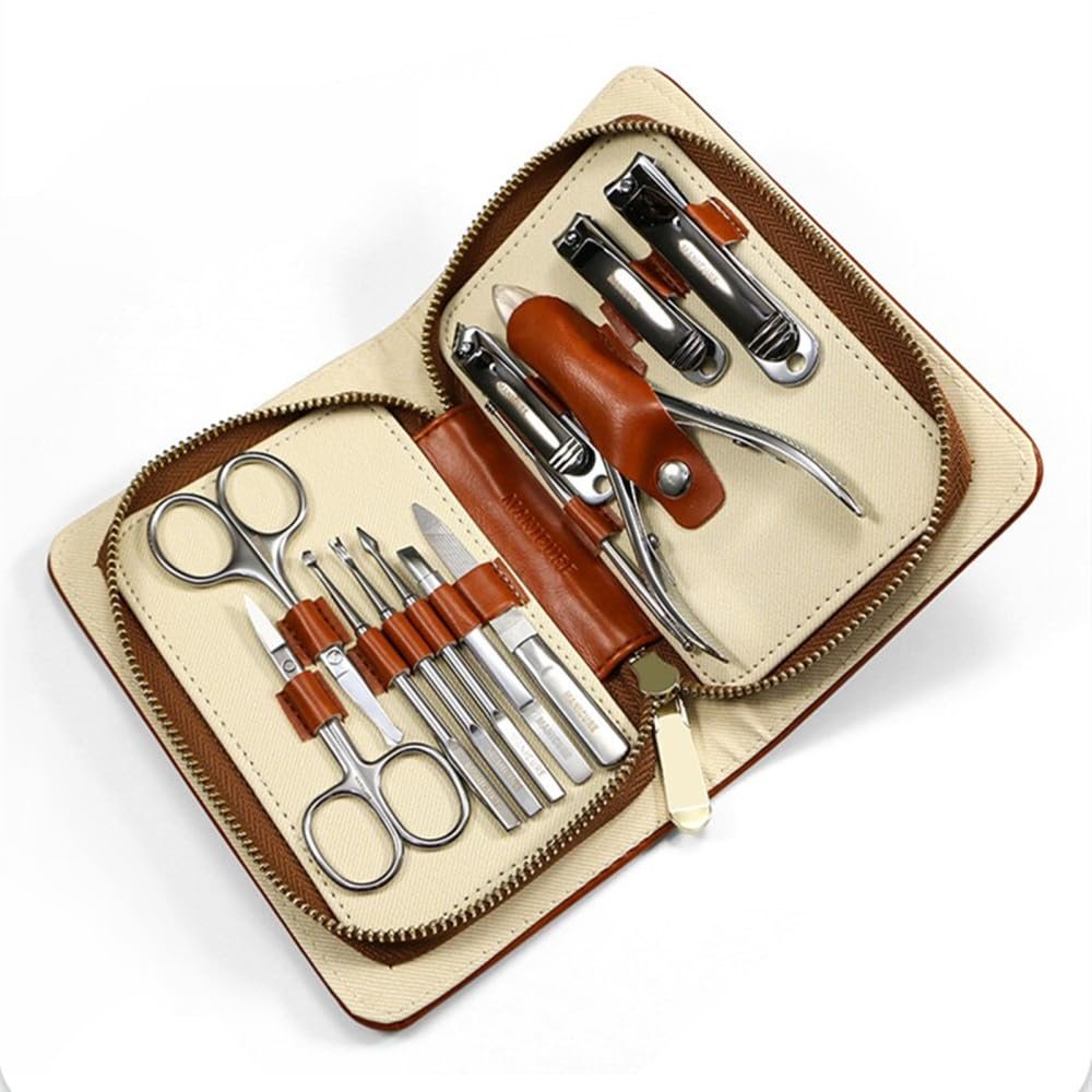 12 Pcs Manicure Set Folding Bag Foot and Face Care Tool Stainless Steel Nail Clipper Kits,Dark Khaki