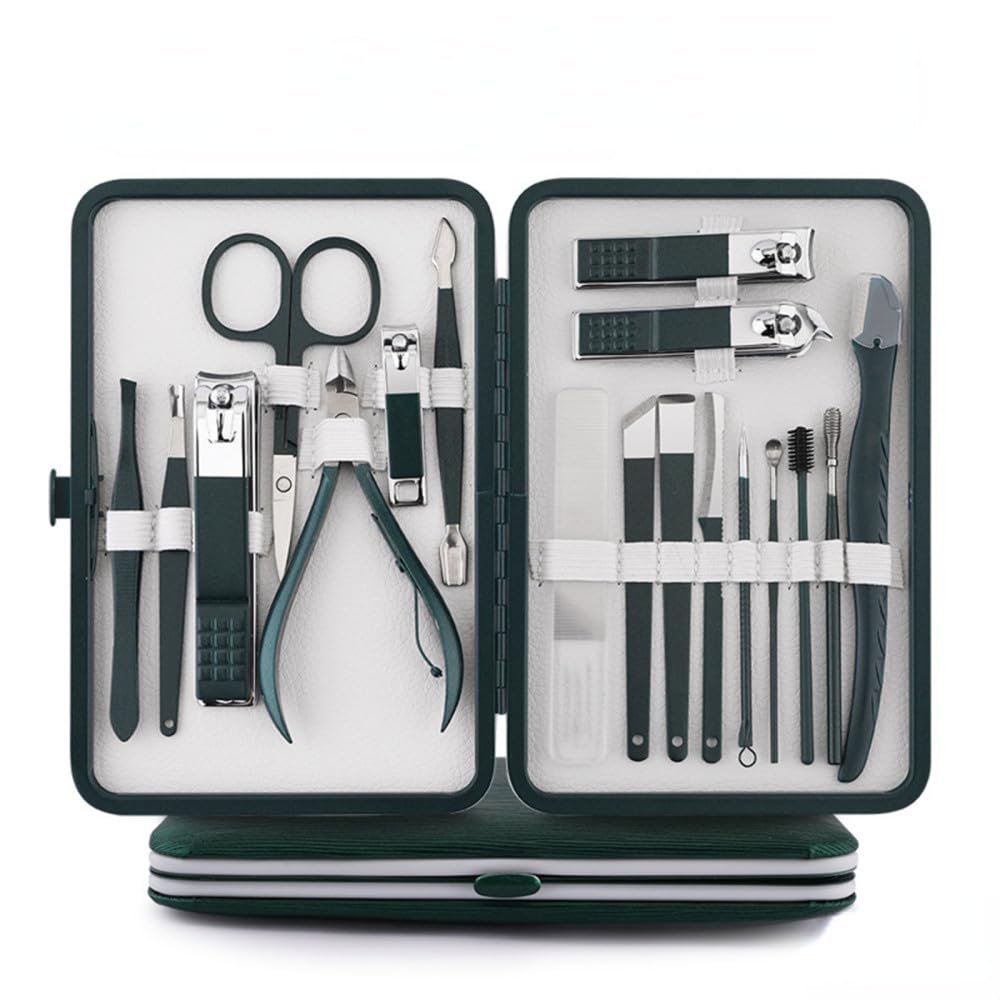 8-23pcs/set Nail Cutter Set Stainless Steel Nail Clipper with Folding Bag Nail Supplies,Dark Green18pcs