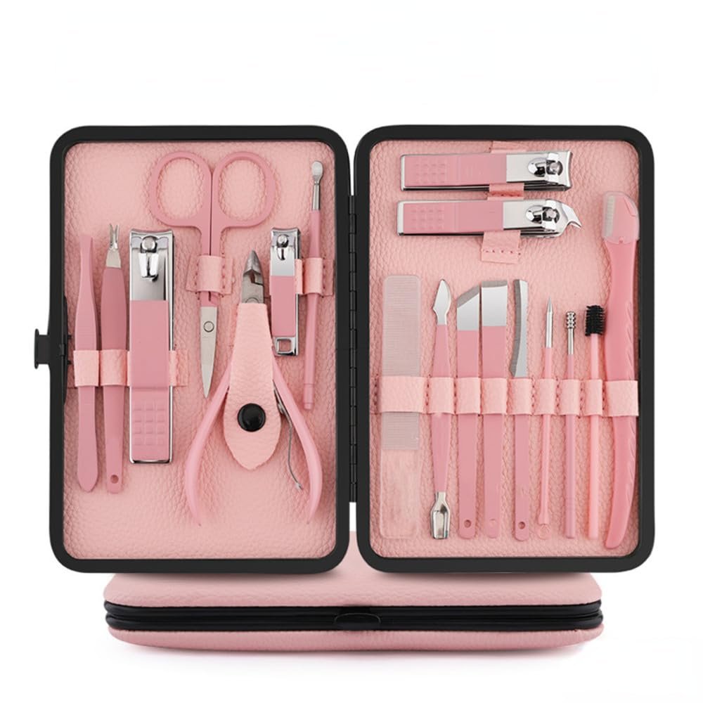 8-23pcs/set Nail Cutter Set Stainless Steel Nail Clipper with Folding Bag Nail Supplies,Pink 18pcs