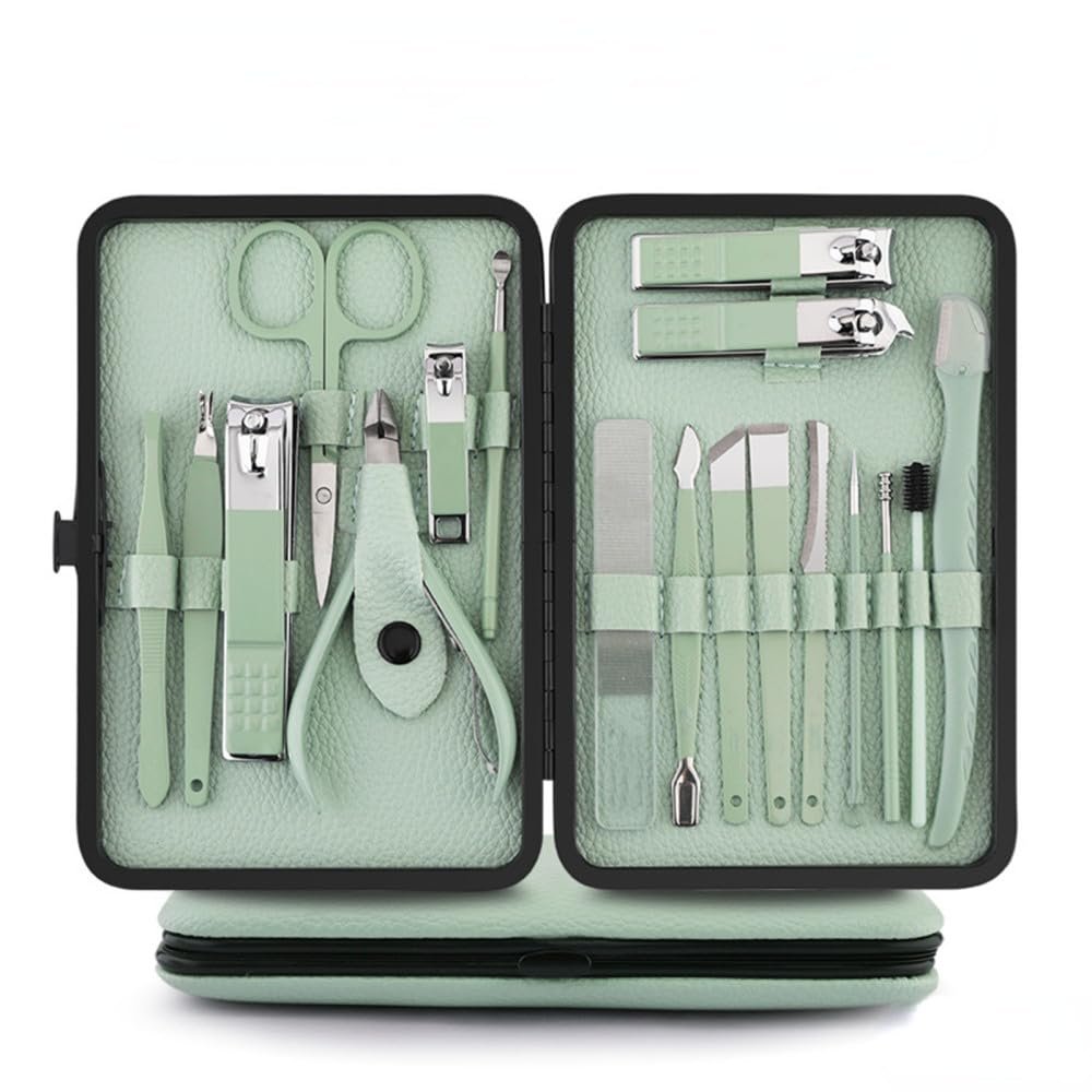 8-23pcs/set Nail Cutter Set Stainless Steel Nail Clipper with Folding Bag Nail Supplies,Light Green 18pcs