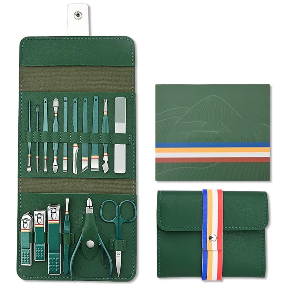 12-16pcs/set Nail Cutter Set Stainless Steel Nail Clippers Set With Folding Bag Manicure Cutter Kits Scissors Makeup Beauty Tool,16 PCS Green