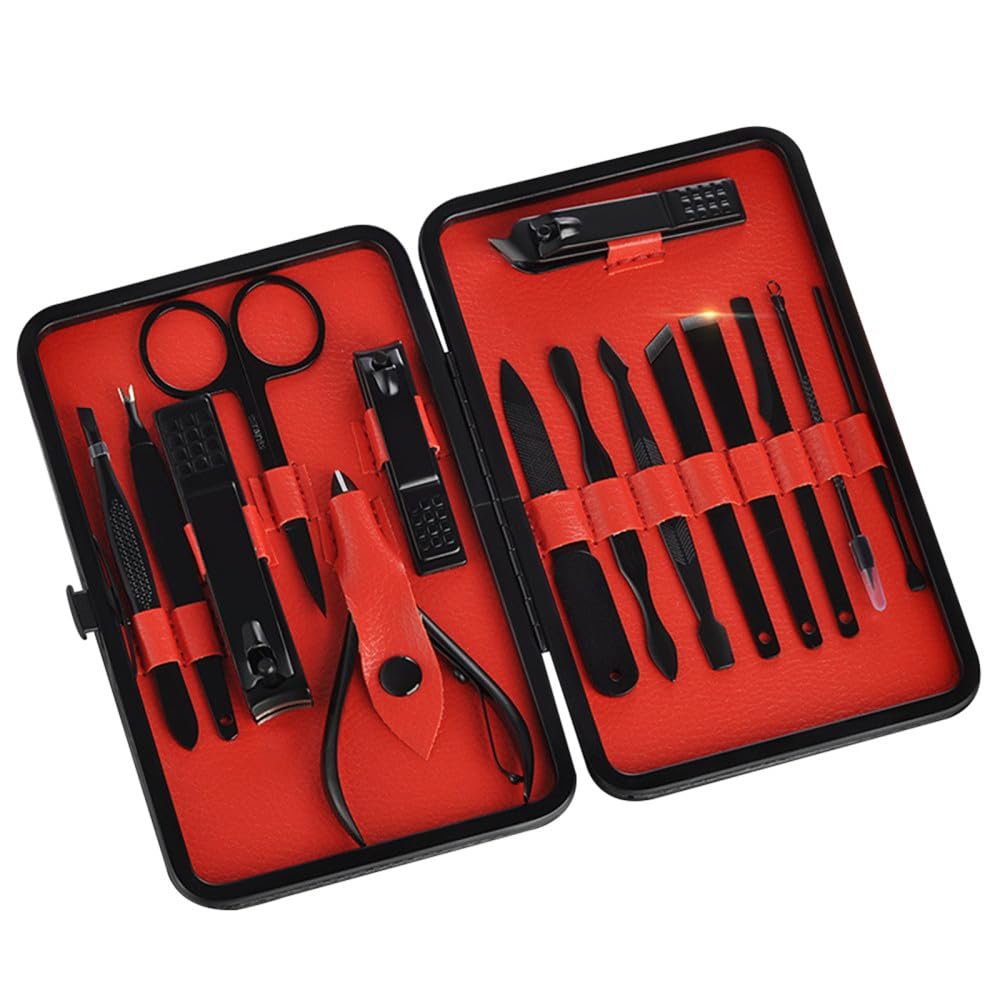 9-piece Stainless Steel Black Nail Clippers Set Eyebrow Clip Tweezers Large Opening Home Manicure Tool,15pcs set red,A