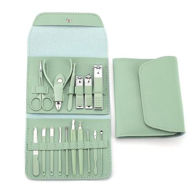 16pcs Nail Cutter Set Stainless Steel Nail Clippers Set With Folding Bag Manicure Cutter Kits Scissors Beauty Tool,green