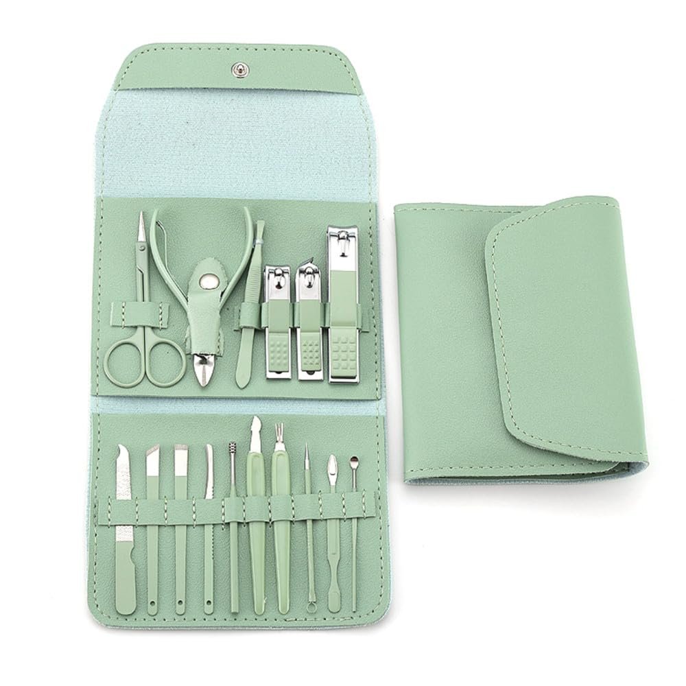16pcs Nail Cutter Set Stainless Steel Nail Clippers Set With Folding Bag Manicure Cutter Kits Scissors Beauty Tool,green