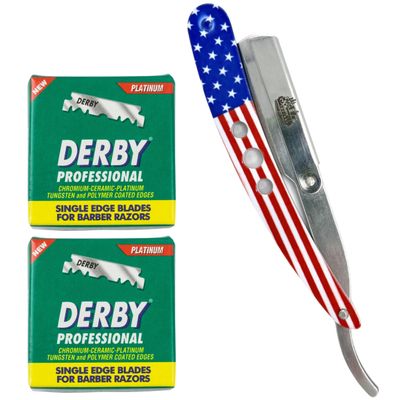 The Shave Factory Straight Edge Razor Kit - with Single Stainless Steel razors for men from (USA, Derby Professional Single Edge)
