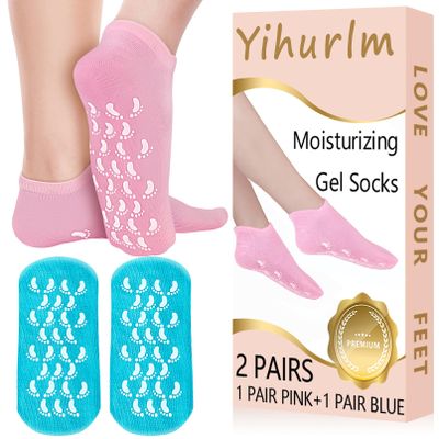 Yihurlm Moisturizing Socks,2 Pairs Soft Moisturizing Gel Socks,Non Slip Gel Socks for Dry Cracked Feet Women,Reusable Spa Socks for Repairing Softening Cracked Heel(Pink & Blue)