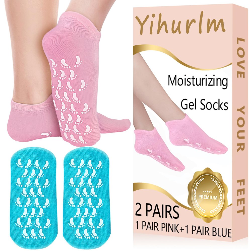 Yihurlm Moisturizing Socks,2 Pairs Soft Moisturizing Gel Socks,Non Slip Gel Socks for Dry Cracked Feet Women,Reusable Spa Socks for Repairing Softening Cracked Heel(Pink & Blue)