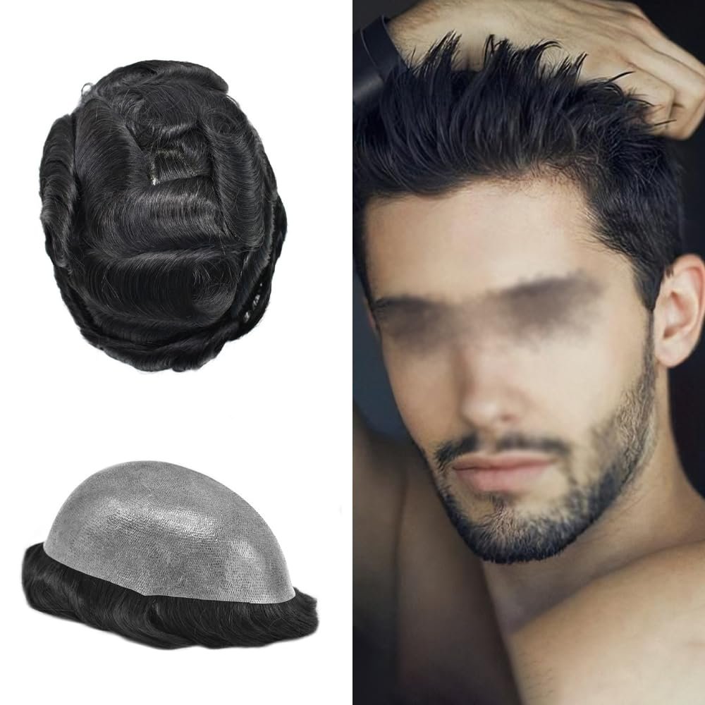 F M FACE MIRACLE NEW YORK Mens Toupee 0.12mm Thickness Skin Hair Systems For Men Durable Mens Hair Replacement System Natural Hairline Toupee For Men PU8 X10#1 Jet Black-120% density