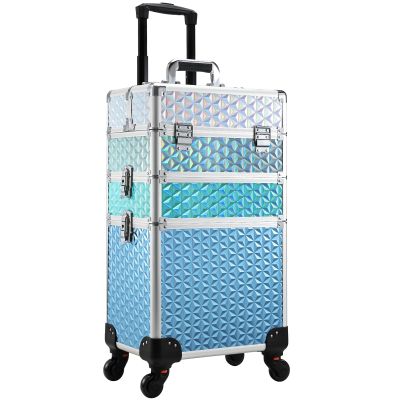 Adazzo Professional Rolling Makeup Train Case 3 in 1 Aluminum Trolley Case with 360 Rotation Wheels for Makuep Artist Cosmetic Suitcase Organizer with Lock and Key Diamond Pattern - Turquoise Cascade