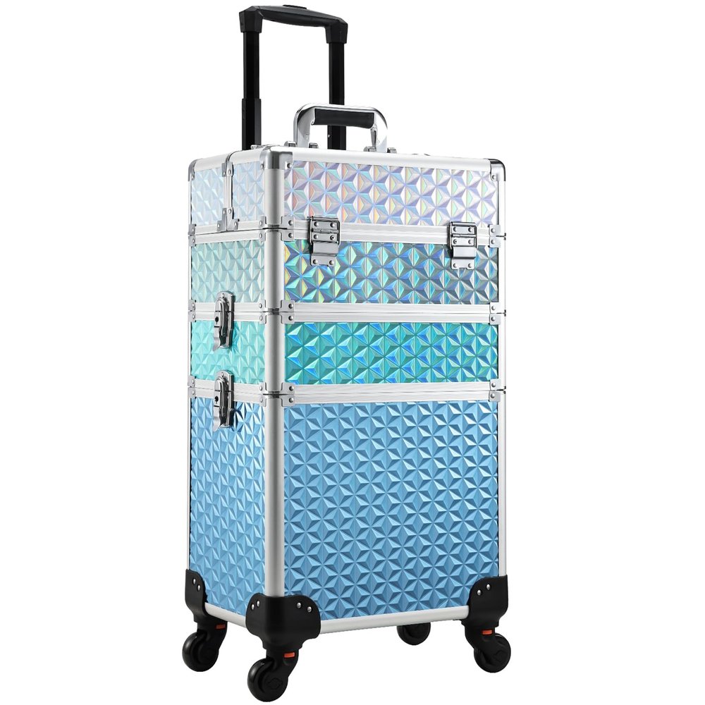 Adazzo Professional Rolling Makeup Train Case 3 in 1 Aluminum Trolley Case with 360 Rotation Wheels for Makuep Artist Cosmetic Suitcase Organizer with Lock and Key Diamond Pattern - Turquoise Cascade