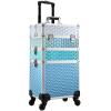 Adazzo Professional Rolling Makeup Train Case 3 in 1 Aluminum Trolley Case with 360 Rotation Wheels for Makuep Artist Cosmetic Suitcase Organizer with Lock and Key Diamond Pattern - Turquoise Cascade view 1
