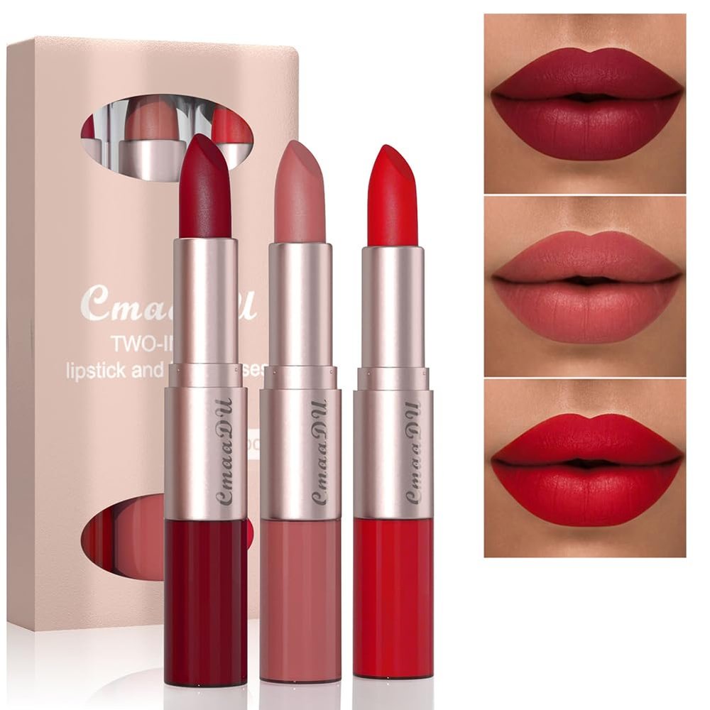 Adurello 2-In-1 Matte Lipstick and Lip Gloss 3Pcs Set Kit Waterproof Long Wear Matte Red Lipstick with Lip Tint Set, Matte Finish (B(10,11,12))