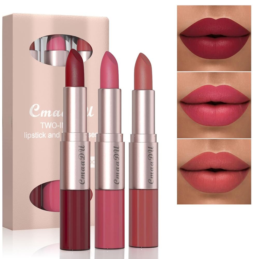 Adurello 2-In-1 Matte Lipstick and Lip Gloss 3Pcs Set Kit Waterproof Long Wear Matte Red Lipstick with Lip Tint Set, Matte Finish (A(4,5,6))