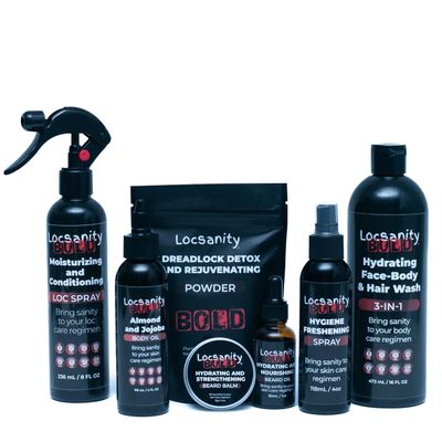 Locsanity BOLD Mens Bundle 7-in-1 Premium Grooming Set: Loc Spray, 3-in-1 Body Wash, Hygiene Spray, Mens Body Oil, Beard Oil, Dreadlock Powder, Almond & Jojoba Oil | Dreads & Locs Moisturizer