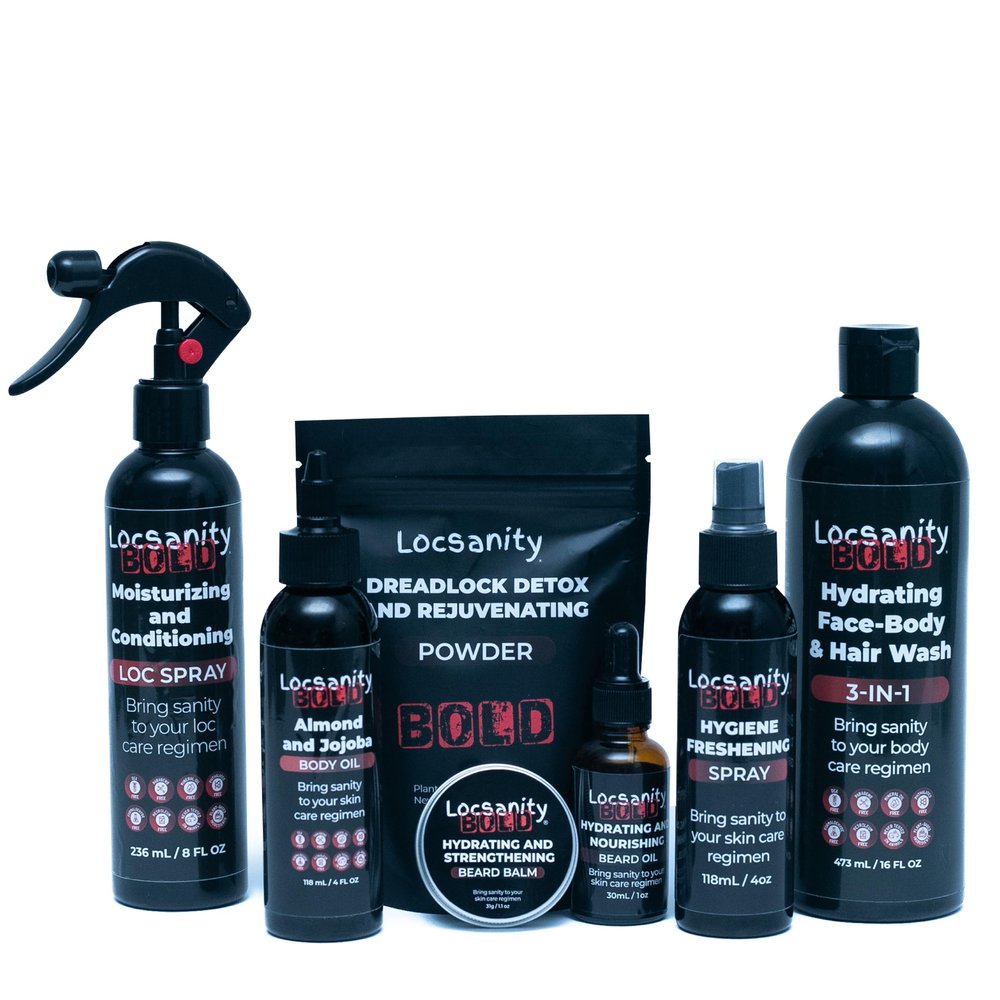 Locsanity BOLD Mens Bundle 7-in-1 Premium Grooming Set: Loc Spray, 3-in-1 Body Wash, Hygiene Spray, Mens Body Oil, Beard Oil, Dreadlock Powder, Almond & Jojoba Oil | Dreads & Locs Moisturizer