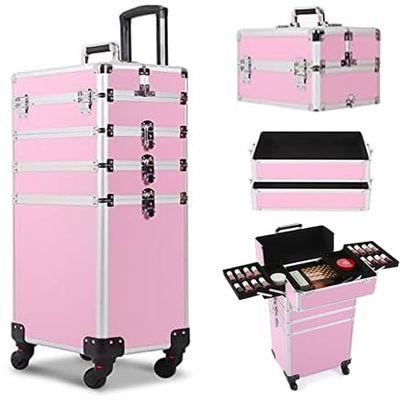 4-in-1 Transformable Rolling Makeup Train Case, Locable Cosmetic Trolley with Aluminum Frame for Make Up Hairstylists Nail Tech