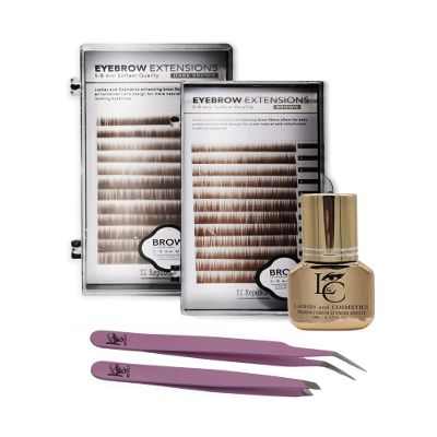 KC Republic Lash Eyebrow Extensions Kit with 2 Trays of Mink False Eyebrows in Brown & Dark Brown, Comes on Mixed Length 5-8 mm, Brow Glue Clear & Dual Pack (Straight & Curved Tip) Extension Tweezers