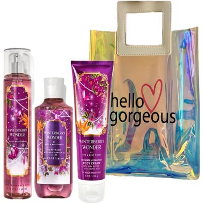 Bath & Body Works - Winterberry Wonder - 3 Piece Bundle - Spray - Body Cream - Shower Gel - Full Size and Hello Gorgeous Gift Bag.