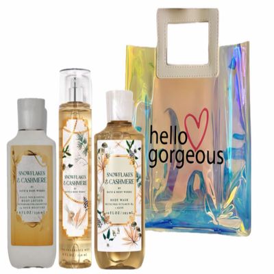 Bath & Body Works - Snowflakes & Cashmere - 3 Piece Bundle - Spray - Lotion Body - Shower Gel - Full Size and Hello Gorgeous Gift Bag.