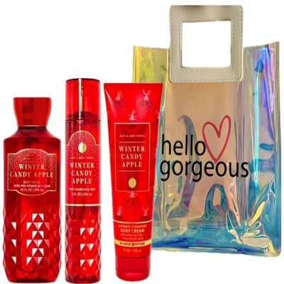 Bath & Body Works - WINTER CANDY APPLE -3 Piece Bundle - Spray - Body Lotion- Shower Gel - Full Size and Hello Gorgeous Gift Bag
