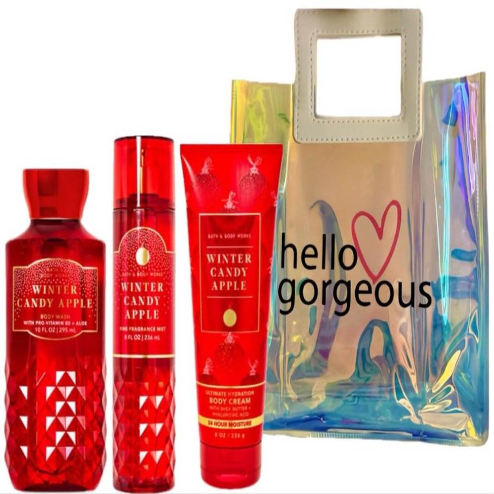 Bath & Body Works - WINTER CANDY APPLE -3 Piece Bundle - Spray - Body Lotion- Shower Gel - Full Size and Hello Gorgeous Gift Bag