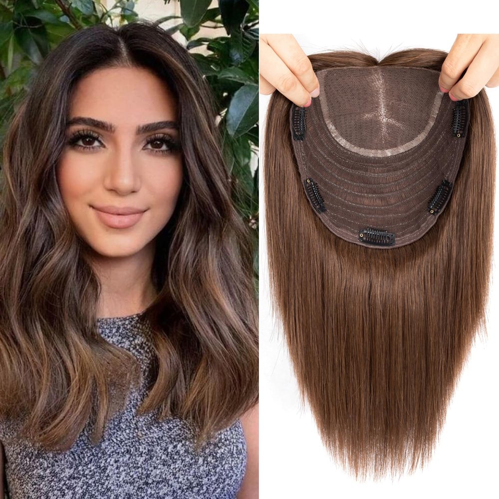 Lovenea Human Hair Toppers for Women 18 * 20 cm Large Area Cover 10 Inch 4# Color Straight Hair Swiss Lace Base Clip in Topper Hairpiece for Hair Loss Thinning Hair (10 Inch, 4#)