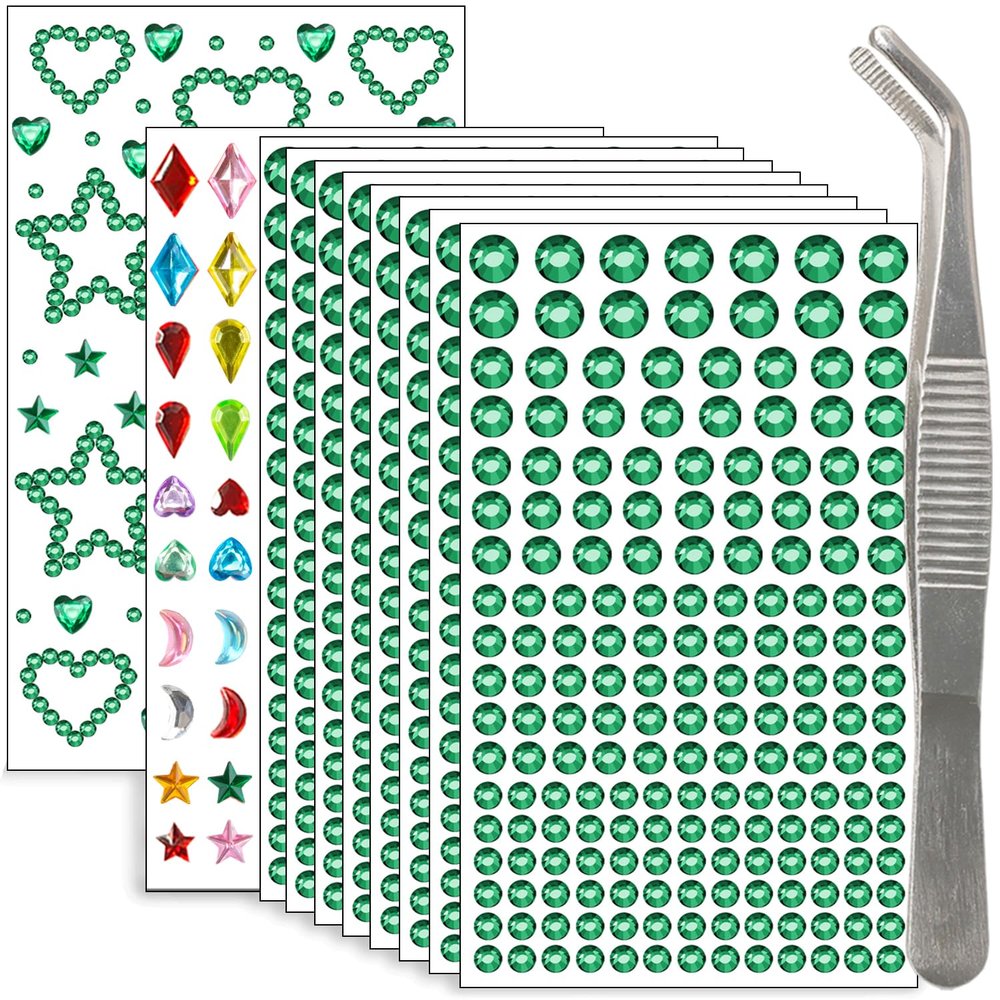 NIACONN 1760 Pcs Deep Green Hair Jewels Face Gems Stick on, Self Adhesive Glitter Rhinestones Stickers for Women Body Eyes Nails Festival Halloween Makeup & Crafts