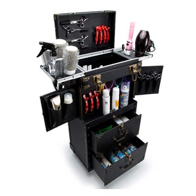 Utility Cart Organizer Storage Trolley Beauty Trolley Cosmetic Case Retro Stylist Brake Wheel Telescopic Handle with Hair Dryer Bracket High Capacity Travel Portable Scissors Kit, Black, 39x25x74cm