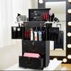 Utility Cart Organizer Storage Trolley Beauty Trolley Cosmetic Case Retro Stylist Brake Wheel Telescopic Handle with Hair Dryer Bracket High Capacity Travel Portable Scissors Kit, Black, 39x25x74cm view 2