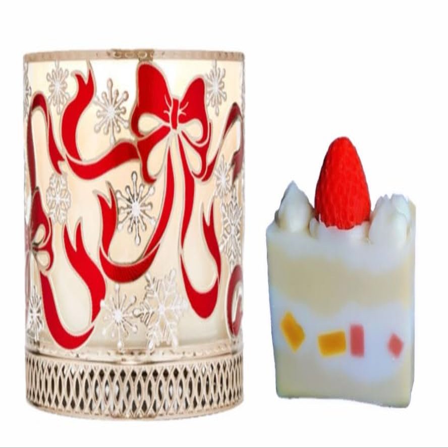 Bath and Body Works - Red Bows and Snowflakes 3-Wick Candle Holder and Strawberry Cake Soap Natural.