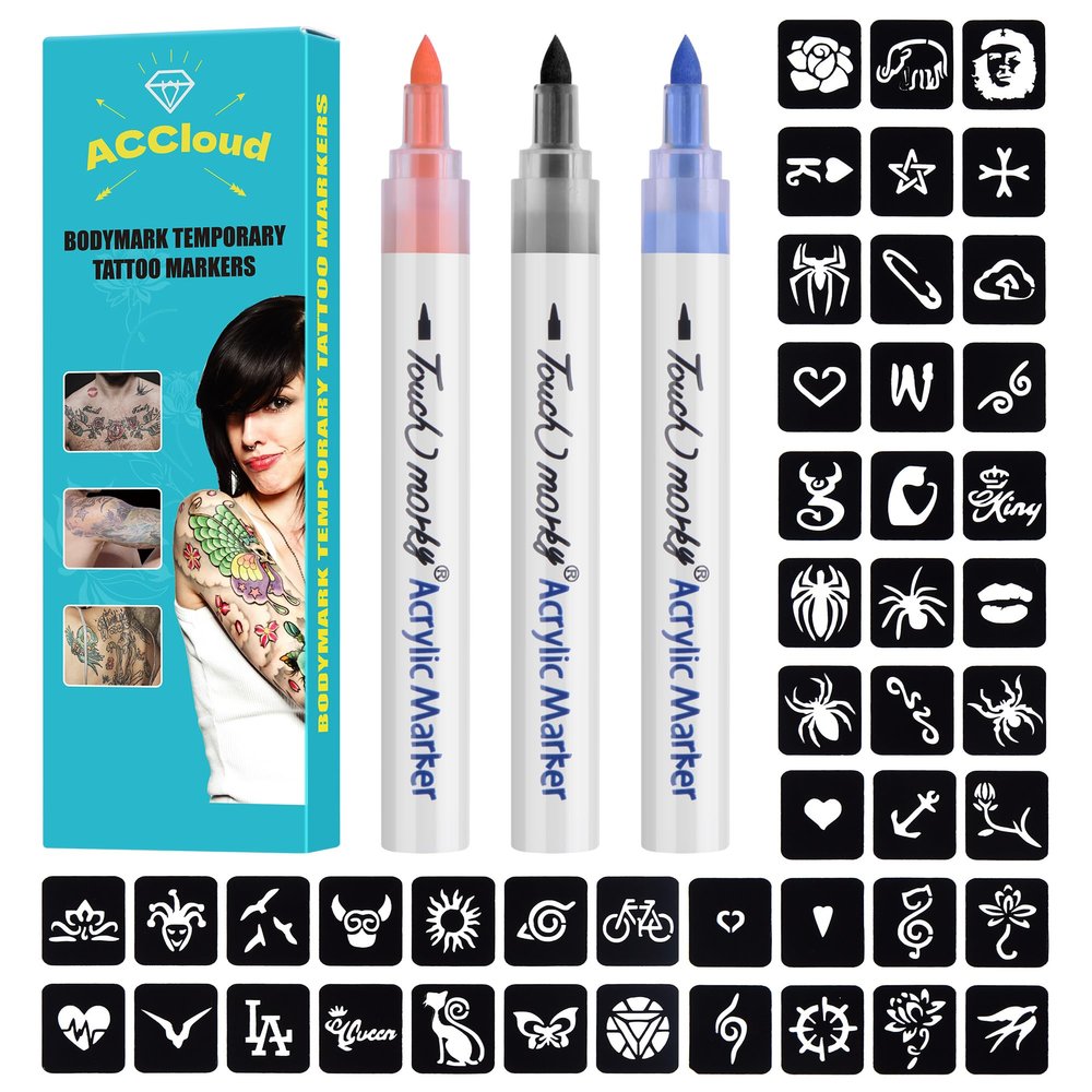 Temporary Tattoo Markers for Skin Paint Pens Kit, 3 Body Markers+ 63 Tattoo Stencils, Flexible Brush Tip, Skin Safe for Art Projects, Drawing for Coloring, Back to School Supplies