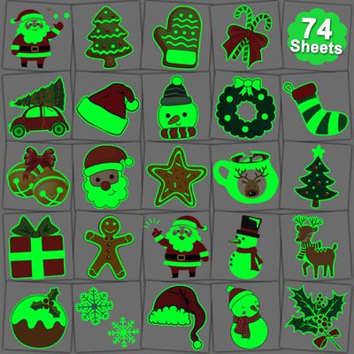 CHARLENT Glow in The Dark Christmas Temporary Tattoos for Kids Party Supplies - 74 Individually Sheets Luminous Xmas Tattoos for Boys Girls Christmas Party Favors Goodie Bag Fillers