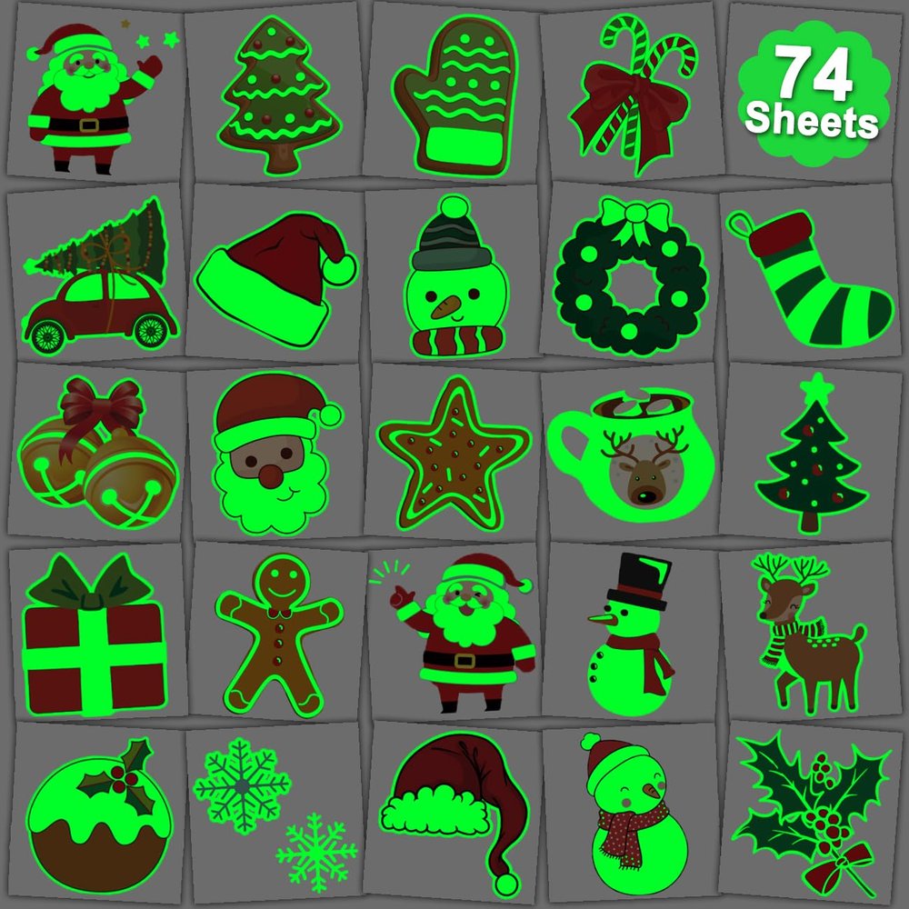 CHARLENT Glow in The Dark Christmas Temporary Tattoos for Kids Party Supplies - 74 Individually Sheets Luminous Xmas Tattoos for Boys Girls Christmas Party Favors Goodie Bag Fillers