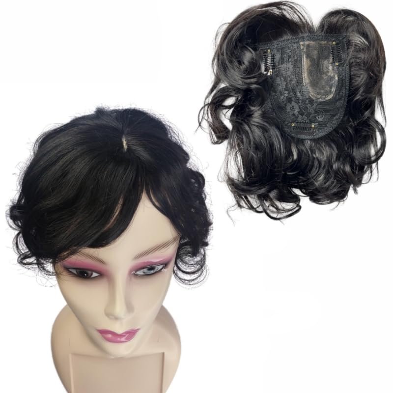 AYunhe Short Curly Wavy Human Hair Toppers for Women and Men Clip In Toupee With Side Bangs Hair Partial Wig Wiglets Hairpieces (Black)