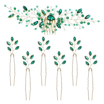 inSowni 7 Pieces Vintage Party Prom Wedding Bridal Emerald Green Beads Crystal Hair Side Combs+Rhinestone U-shaped Hair Pins Headpieces for Brides Bridesmaids Women Girls