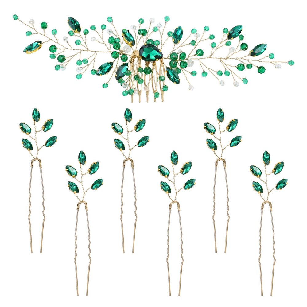 inSowni 7 Pieces Vintage Party Prom Wedding Bridal Emerald Green Beads Crystal Hair Side Combs+Rhinestone U-shaped Hair Pins Headpieces for Brides Bridesmaids Women Girls