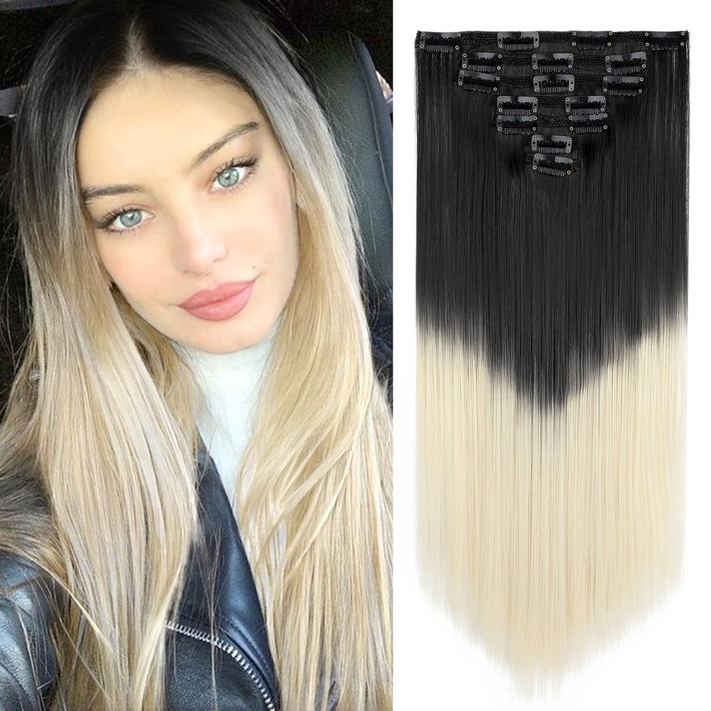 Clip in Hair Extensions for Women 7pcs Long Straight Dark Brown&Bleach Blonde Hair Extensions 23 Inch Natural Soft Clip on Extensions Synthetic Thick Hairpieces