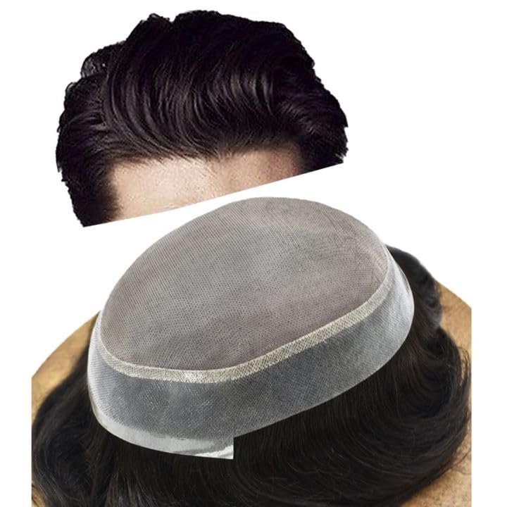 LYRICAL HAIR Mens Toupee Wig Hair Replacement System for Men Monofilament Mens Hairpiece Poly Skin PU Around Hair Unit for Men (8"x10", 1B80 Off Black+80% Gray-120% Med-light to Medium Density)