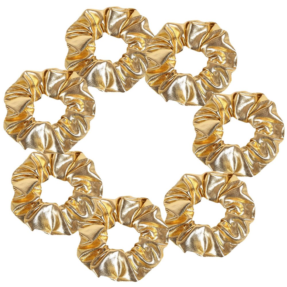 12 Pcs Faux Leather Jacket Cheer Hair Scrunchies For Thick Hair School Performance Scrunchy Sports Ponytail Holder Wrist for Girls Cosplay Show (Sets of 7 Gold)