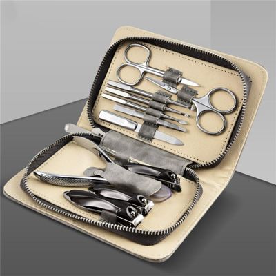 Manicure Set Grey Full Grain Leather Nail Clipper Kits Stainless Scissors,Grey