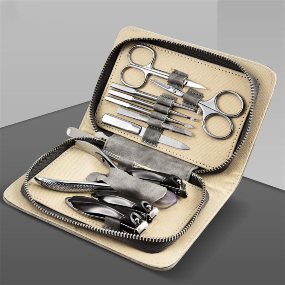 Manicure Set Grey Full Grain Leather Nail Clipper Kits Stainless Scissors,Grey